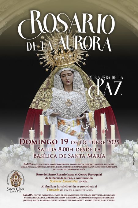 La Virgen de la Paz recorrerá las calles de Linares en el Rosario de la Aurora este domingo 19 de octubre